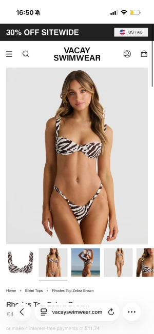 Zebramönstrad bikini från Vacay Swimwear - Snygg bikini från Vacay Swimwear med zebramönster i brunt och vitt storlek M. Helt ny kommer i orginalförpackning med lappar på.