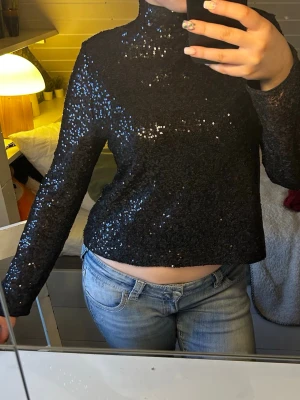 Svart paljettopp - Säljer en svart långärmad topp täckt med glittrande paljetter och högre krage. Nästan oandvänd. 