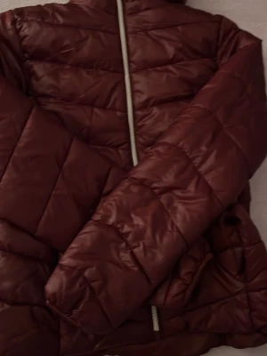 Vinröd pufferjacka med huva - Snygg vinröd pufferjacka med huva och dragkedja framtill. Jackan har quiltad design och är vadderad för extra värme. Perfekt för kalla dagar och har en modern, avslappnad passform. Materialet är glansigt och ger en trendig look.