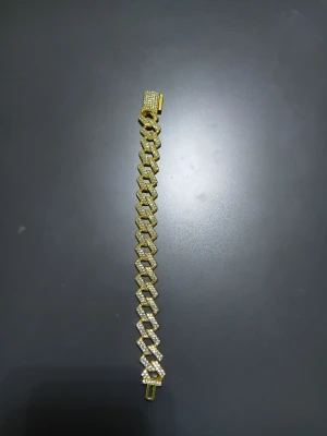 Guldigt kedjearmband med stenar - Snyggt armband i guldton med bred kedjedesign och massor av glittrande stenar som ger en lyxig känsla. Armbandet har en rejäl låsdel och passar perfekt för dig som vill sticka ut med accessoarerna. Materialet ser ut att vara metall med infattade stenar. Pris kan diskuteras!! Armbandet är 20cm lång.