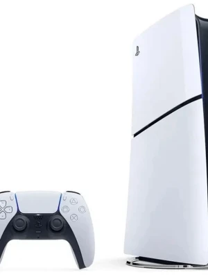PlayStation 5 Digital Edition konsol - PlayStation 5 Digital Edition från Sony med futuristisk vit och svart design. Konsolen har en slimmad, vertikal form och levereras med en matchande DualSense-handkontroll. Perfekt för gaming i 4K och snabba laddningstider tack vare SSD.