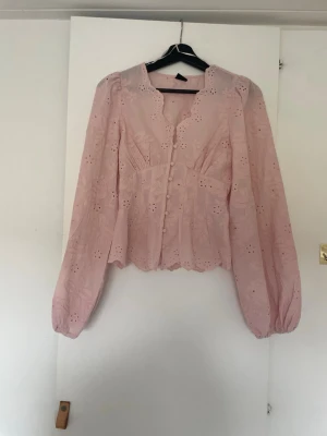 Ljusrosa blus med broderade detaljer - Säljer en ljusrosa blus från Gina med broderade blommor. Blusen har långärmade puffärmar, knappar framtill och en scallopad krage. Materialet är lätt och luftigt, perfekt för att skapa en romantisk look. Säljer pga att den aldrig kommit till användning alltså inga defekter, skriv vid funderingar! 