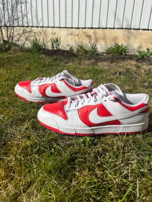 Nike Dunk Low röd/vit sneakers - Säljer ett par Nike Dunk Low sneakers i rött och vitt läder. Skick 9/10. Klassisk låg modell med vit sula och röda detaljer, vita skosnören och perforerad tåbox för extra ventilation. Perfekta för dig som gillar streetwear och vill sticka ut med snygga färger. Skolådan/Boxen saknas nypris är 3000 mitt pris är 1400