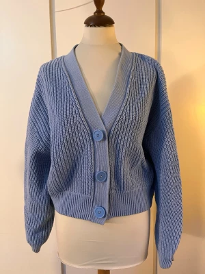 Babyblå kofta  - Mysig nästan oanvänd stickad kofta med knappar från HM. Fin babyblå färg och den har en extra knapp på etiketten som syns på sista bilden. Koftan är lite croppad men skulle säga att den även passar större storlekar. Skriv vid frågor!!