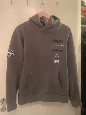 Grå hoodie från Hoodrich - Snygg grå hoodie från Hoodrich med flera broderade och tryckta loggor på bröstet och ärmen. Klassisk känguruficka framtill och stor huva. Hoodien har coola detaljer som siffran 14 och patch med blått motiv. Perfekt för en streetwear-look.