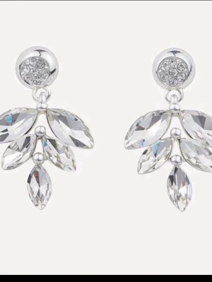 Kristallörhängen från SNÖ of Sweden - Säljer ett par glittrande örhängen från SNÖ of Sweden i silverfärg med klara kristaller. Örhängena har en elegant lövformad design med flera slipade stenar som reflekterar ljuset snyggt. Perfekta för dig som gillar stilrena och trendiga accessoarer.