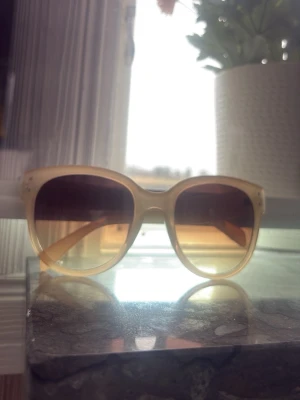 Beige solglasögon med stora bågar - Snygga solglasögon med stora, rundade bågar i beige plast och bruna tonade glas. Perfekta för dig som vill ha en retro och trendig look. Passar till alla tillfällen där solen skiner.