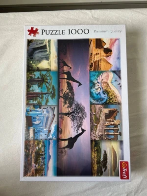 Pussel 1000 bitar - Säljer ett oanvänt och plastat pussel med 1000 bitar från Trefl med motiv av landskap och djur i collageformat. Färgstarka bilder med bland annat giraffer, vatten, tempel och hav. Storlek på pusslet är 68,3 x 48 cm.