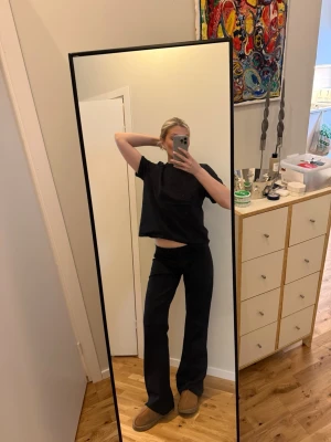 Svarta raka kostymbyxor med låg midja - Säljer ett par svarta kostymbyxor med låg midja och raka ben. Perfekta för en avslappnad och trendig look.