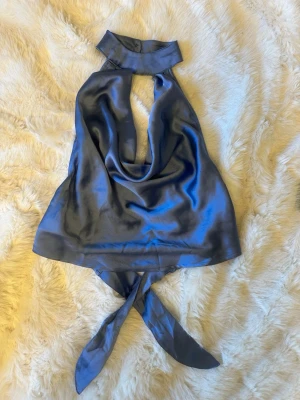Blå halterneck topp i satin - Snygg blå halterneck topp i glansigt satinmaterial med öppen rygg och knytband i nacken och ryggen. Toppen har en draperad framsida som ger en cool och trendig look. Perfekt för dig som vill sticka ut lite extra.