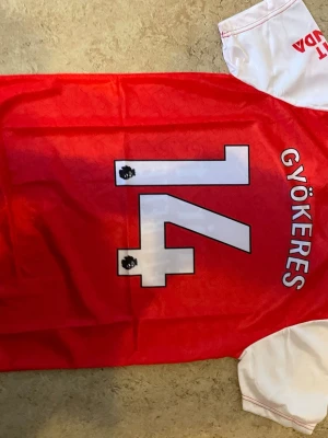 Arsenal matchtröja Gyökeres #14 - Röd och vit Arsenal matchtröja med Gyökeres och nummer 14 på ryggen. Tröjan har klubbmärke och sponsortryck på bröstet samt vita detaljer på ärmar och axlar. Tillverkad i lätt och ventilerande material, perfekt för fotboll eller träning.