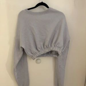 Ljusgrå croppad sweatshirt - En ljusgrå croppad sweatshirt med långa ärmar och resår i midjan som ger en snygg puffig effekt. Tröjan har en klassisk rund halsringning och är perfekt för en chill och trendig look.