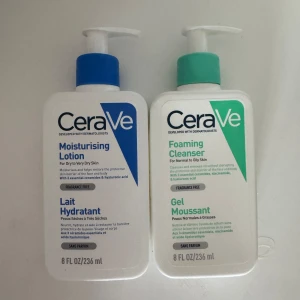 CeraVe Foaming Cleanser & Moisturising Lotion - Säljer två stora flaskor från CeraVe: Foaming Cleanser (grön/vit, 236 ml) för normal till oljig hud och Moisturising Lotion (blå/vit, 236 ml) för torr till mycket torr hud. Båda är parfymfria och innehåller ceramider och hyaluronsyra. Mer än hälften är kvar i båda, se ml på sista bilderna
