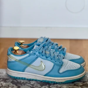 Nike Dunk Low blå/vit sneakers - Nike Dunk Low sneakers i blått och vitt med klassisk siluett. Skorna har ljusblå ovandel i skinn, vit tåbox och sidor, samt genomskinlig Swoosh. Platt sula och snörning framtill. Perfekta för dig som gillar streetstyle och vill sticka ut.
