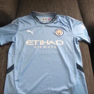 Manchester City hemmatröja 24/25 - Säljer en ljusblå Manchester City fotbollströja från Puma med klubbmärke och Etihad Airways-tryck på bröstet. Tröjan har korta ärmar och rund hals med mönstrad krage. Perfekt för fans som vill visa sitt stöd på matchdag!