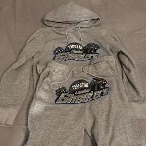 Grå Trapstar Tracksuit London Shooters - Säljer en grå hoodie från Trapstar med stort broderat London Shooters-motiv på bröstet. Tröjan har huva med snörning och ribbade muddar. Perfekt för dig som gillar streetwear och vill sticka ut med en fet logga och pantermotiv.