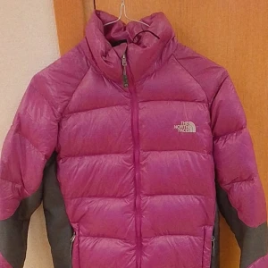 Lila dunjacka från The North Face - Säljer en lila dunjacka från The North Face med grå detaljer på ärmarna. Jackan har hög krage, dragkedja och är perfekt för kyliga dagar. Fylld med dun och fjäder för extra värme och komfort.