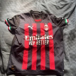 AC Milan matchtröja Puma röd/svart - AC Milan fotbollströja från Puma med klassiska röda och svarta ränder, klubbmärke och Puma-logga på bröstet. Kortärmad modell med gröna, vita och röda detaljer på ärmsluten. Tillverkad i lätt och ventilerande polyester.