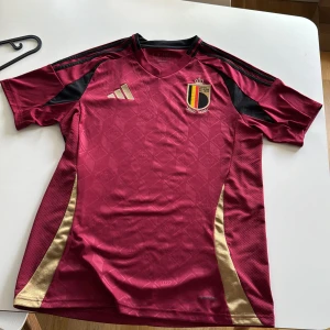 Belgien matchtröja Adidas M vinröd - Snygg Belgien fotbollströja från Adidas i vinröd med svarta och guldiga detaljer. Tröjan har korta ärmar, broderad Belgien-logga och Adidas-märke på bröstet. Tillverkad i lätt och ventilerande polyester, perfekt för match eller träning.