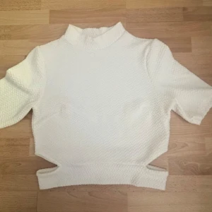 Vit topp med cut out-detaljer - Säljer en vit topp med korta ärmar och hög hals. Toppen har en cool struktur i tyget och snygga cut out-detaljer vid midjan som ger en modern vibe. Perfekt för dig som vill sticka ut lite extra. Bröst 88-92, längd 46cm, stretch, från Zara.