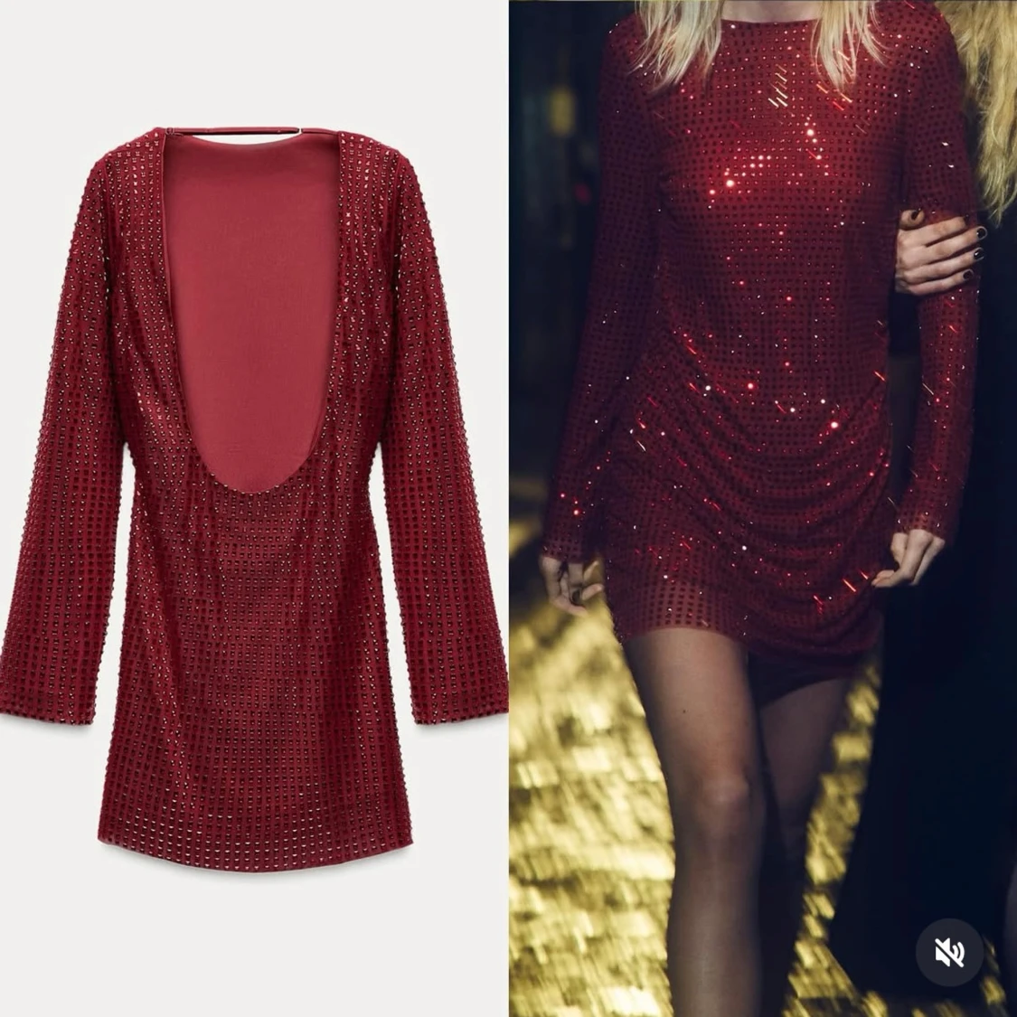 Vinröd glittrig långärmad klänning - 1