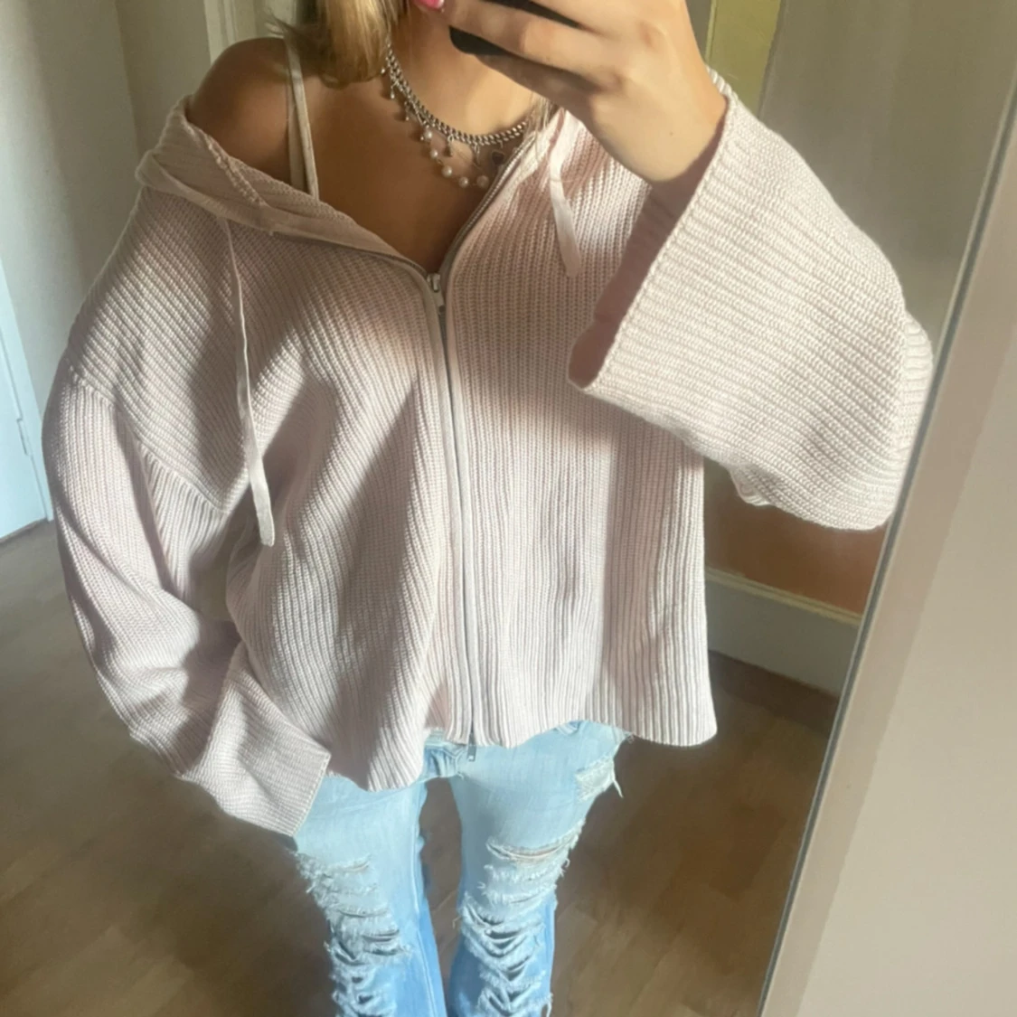 Ljusrosa stickad hoodie med dragkedja - 3