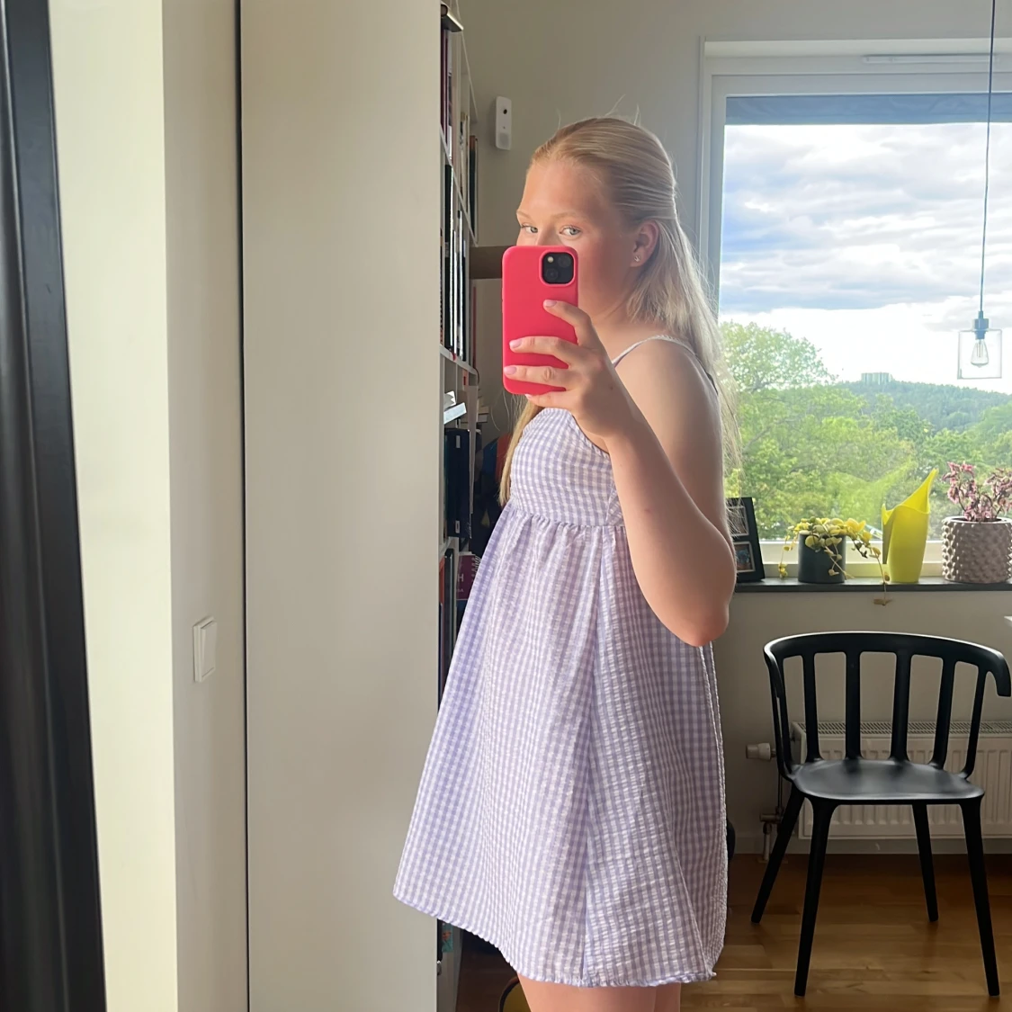 Ljuslila rutig kortklänning med spets - 2