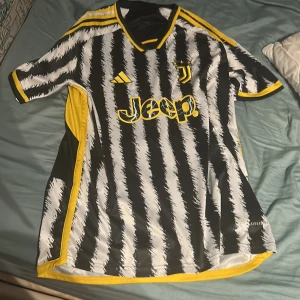 Juventus Adidas fotbollströja L - Juventus matchtröja från Adidas i storlek L. Tröjan har svartvitt randigt mönster med gula detaljer och loggor, samt Jeep-sponsor på bröstet. Tillverkad i lätt och ventilerande funktionsmaterial, perfekt för att gå runt me den. Har använt den några gånger men inte så mycket, de finns inga skador på den.