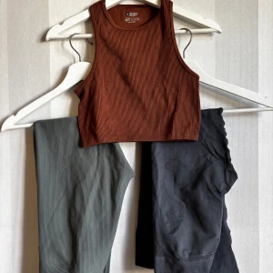 Träning set / rönisch/ balance  - Säljer en brun croppad linnetopp i ribbat material. Toppen har hög halsringning och är ärmlös, perfekt för träning eller chill. rönisch träningsbyxor och ett par i balance 