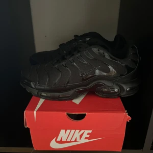 Nike Air Max Plus helsvarta sneakers - Säljer ett par helsvarta Nike Air Max Plus med ikoniska vågiga detaljer och TN-logga på hälen. Skorna har en chunky sula och mesh-överdel med syntetiska paneler. Perfekta för dig som gillar streetwear och vill ha en stilren look.