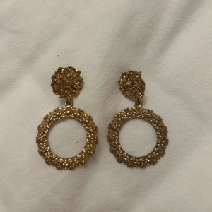 Guldiga cirkelformade örhängen - Ett par örhängen med rund, öppen cirkelform och en texturerad yta. 