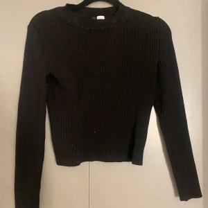 Svart ribbad tröja - Säljer en stilren svart ribbad tröja med långa ärmar. Perfekt för en minimalistisk look. Tröjan har en rund halsringning och är gjord i ett bekvämt material.