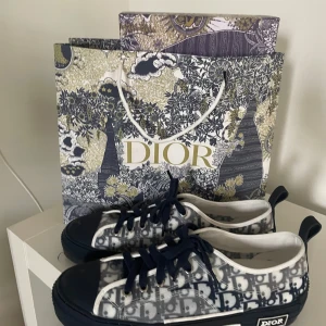 Mönstrade sneakers från Dior - Snygga sneakers från Dior med ett unikt mönster i blått och vitt. Skorna har en klassisk snörning och en stilren design som passar perfekt för den modemedvetna. Perfekta för att ge din outfit en lyxig touch. Använda en gång