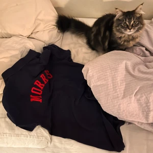 Morris tröja  - Säljer en mörkblå t-shirt från Morris med röd text på bröstet. Perfekt för en avslappnad stil. T-shirten har korta ärmar och en klassisk passform.