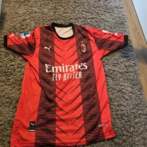 Röd och svart fotbollströja från Puma - Säljer en snygg röd och svart fotbollströja från Puma med korta ärmar. Tröjan har ett mönster i svart och rött, med sponsorloggor och spelarens namn och nummer på ryggen. Perfekt för fotbollsfans!