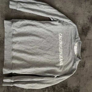 Grå sweatshirt från Calvin Klein Jeans - Säljer en stilren grå sweatshirt från Calvin Klein Jeans med vit logotyp på bröstet. Tröjan har rund halsringning och långa ärmar. Perfekt för en avslappnad och trendig look.