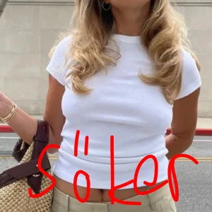 Vit ribbad kortärmad topp från djerv avenu sökes! - Snygg vit ribbad topp med korta ärmar. Perfekt för en stilren och enkel look. Passar bra till både jeans och kjol. Söker topp/T-shirt från djerv avenu. 