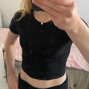 Svart ribbad croppad topp från H&M - Säljer en svart ribbad croppad topp från H&M Basic. Toppen har korta ärmar och en tight passform, perfekt för en stilren look. Tillverkad i bomull och elastan för en bekväm känsla.