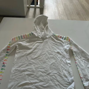 Vit hoodie från Champion med färgglada detaljer - Vit hoodie från Champion med huva och långa ärmar. Ärmarna har färgglada Champion-loggor i regnbågens färger längs sidorna, vilket ger en unik och lekfull look. Tillverkad i mjuk bomull, perfekt för chill dagar eller när du vill sticka ut lite extra.