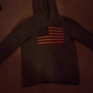 Grå hoodie från Polo Ralph Lauren - Säljer en snygg grå hoodie från Polo Ralph Lauren med en amerikansk flagga på framsidan. Tröjan har långa ärmar och en klassisk huva. Perfekt för en avslappnad stil. Pris kan diskuteras