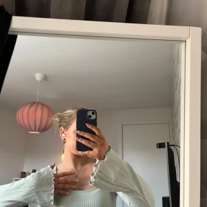 Ljusgrön ribbad tröja - Säljer en ljusgrön ribbad tröja med långa ärmar och volangdetaljer vid ärmslut och nederkant. Tröjan har en rundad halsringning som ger en stilren look och är något kortare i modell. Perfekt för en avslappnad stil.