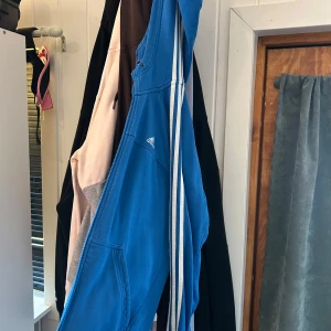 Blå huvtröja från Adidas - Säljer en blå huvtröja från Adidas med dragkedja och vita ränder längs ärmarna. Perfekt för en sportig look eller avslappnad stil. Tröjan har en klassisk design med Adidas-logga på bröstet.