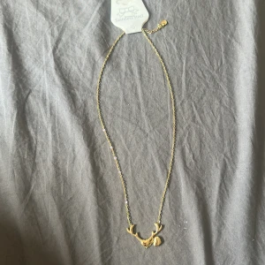 Guldigt halsband med horn och hjärta - Snyggt halsband i guldtonad stainless steel med ett unikt hänge som föreställer horn och ett litet hjärta som hänger ned. Kedjan är tunn och elegant, perfekt för att ge din outfit en cool och personlig touch. Allergivänlig och guldplätterad 
