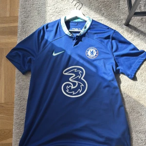Chelsea FC Mount 19 Nike matchtröja - Chelsea FC hemmatröja från Nike med Mason Mount och nummer 19 på ryggen. Klassisk blå färg, kortärmad och tillverkad i Dri-FIT-material som andas. Stort vitt 3-logo på bröstet och klubbmärke på vänster sida. Snygg detalj med mönstrad krage.
