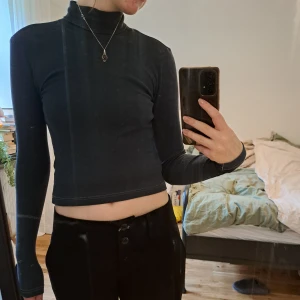 Mörkgrå/blå ribbad polotröja - En mörkgrå/blå ribbad polotröja med lång ärm och tight passform. Tröjan är lite croppad och har en hög krage. Om ni vill se fler bilder eller har en fråga är det bara att höra av sig <3