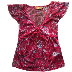 Vintage Röd blommig blus med knytband - Röd mesh topp. Strl S. Slits på ärmarna. 