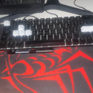 Alpha tangentbord jätte bra skick med fina knapp ljud som låter jätte skönt  - Bilderna visar ett mekaniskt tangentbord från märket Cepter, modell RGB, med utbytbara vita och svarta tangenter. Tangentbordet är kompakt och passar perfekt för gaming eller skrivbordsarbete. Perfekt för dig som vill ha en snygg och funktionell setup.