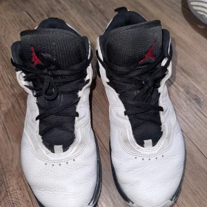 Nike Air Jordan sneakers i vitt och svart båda för 640kr - Säljer två par Nike Air Jordan sneakers. Ena paret är vita med svarta och röda detaljer, Flight-logga på sidan och svart snörning. Andra paret är ljusgrå och vita med silver Jumpman-logga och grå snören. Båda har klassisk rund tå och platt sula.