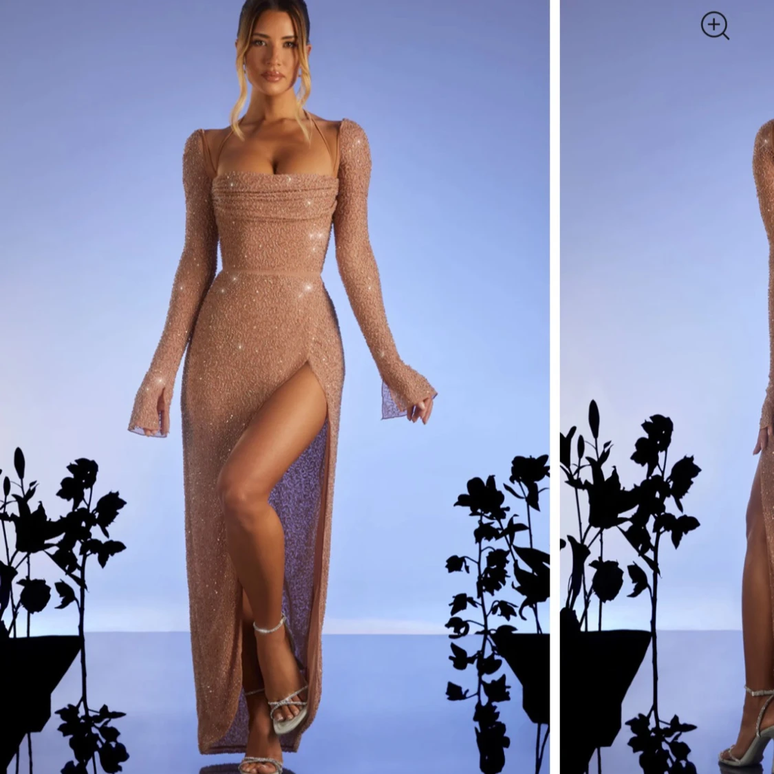 Glittrig långklänning med slits .