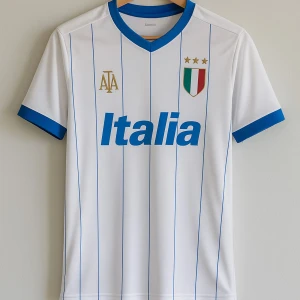 Italiensk fotbollströja med blå ränder - Snygg vit fotbollströja med tunna blå ränder, blå detaljer vid krage och ärmslut. Framsidan har 'Italia' i blått, guldiga detaljer och landslagsemblem med tre stjärnor. Baksidan har nummer 9 och namnet 'ITALIMIO'. Perfekt för dig som älskar italiensk fotboll.